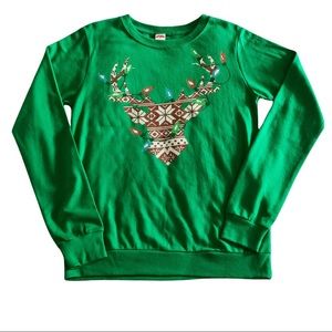 Holiday Time Shirt Women’s S Christmas Long Sleeve Green Reindeer Lights Party